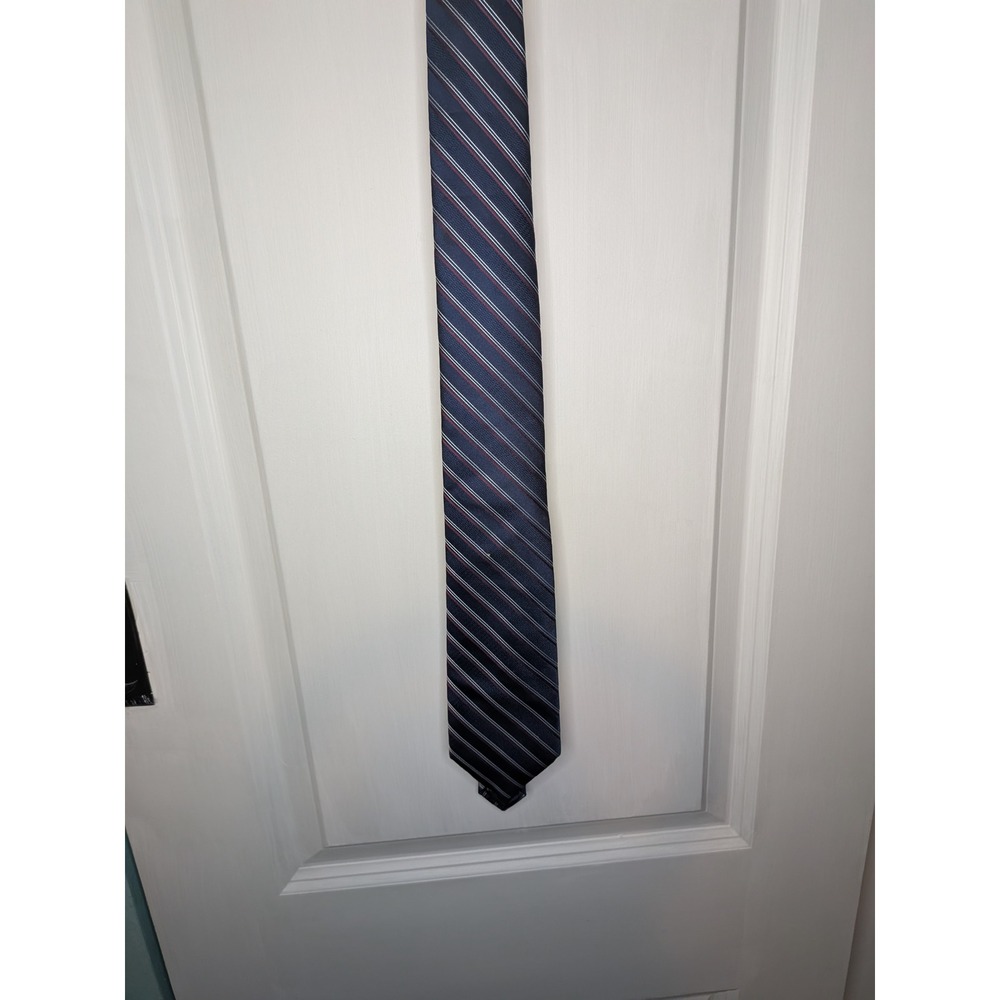 Michael Kors Mens Navy Blue Red White Diagonal Striped Polyester Necktie
